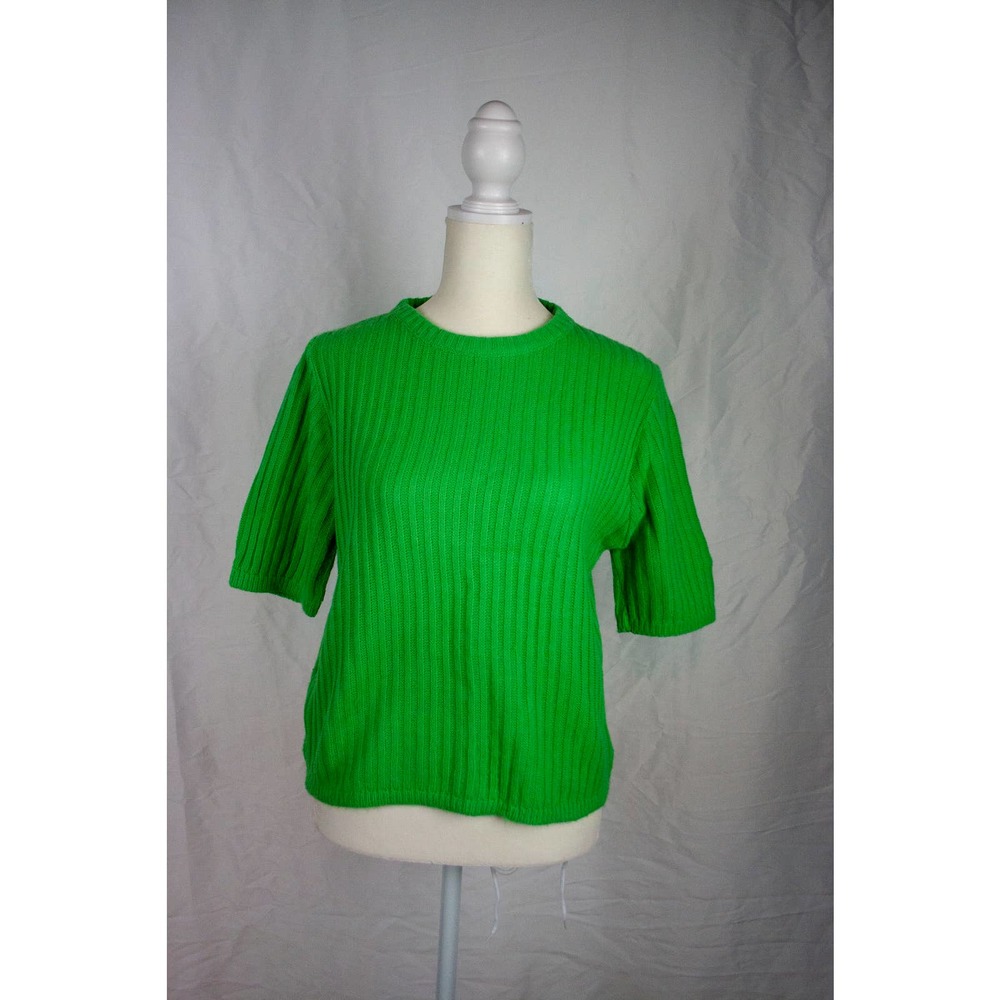 Vintage Bright Green Short Sleeved Ribbed Acrylic Sweater